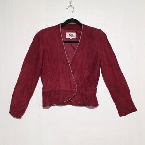 Vtg Womens Burgundy Red Leather Blazer Jacket Medium 7/8 Cropped Classic